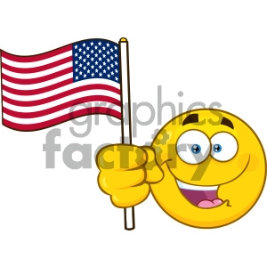 Royalty Free RF Clipart Illustration Patriotic Yellow Cartoon Emoji Face Character Waving An American Flag Vector Illustration Isolated On White Background