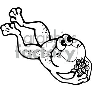The image is a black and white clipart of a cartoon frog. The frog is drawn in a playful and whimsical style, with exaggerated features such as large, bulging eyes and a wide, open mouth. It appears to be in a relaxed or possibly floating position with its limbs extended.