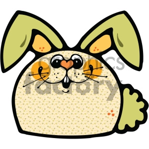 The image contains a cartoon-like drawing of a stylized rabbit or bunny with a whimsical design. It has large, floppy ears with inner detailing, round orange eyes with highlights, a heart-shaped nose, and a small mouth. The fur texture is suggested with small speckles, and there is a hint of cheeks with a blush. The rabbit has a puff of a tail, indicative of a typical bunny tail.