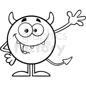 Black And White Happy Devil Cartoon Emoji Character Waving For Greeting Vector Illustration Isolated On White Background