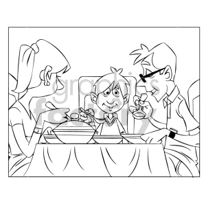 This clipart image depicts a family of three, possibly a mother, father, and their child, sitting at a dinner table and sharing a meal together. The child appears happy and is holding a utensil, ready to eat. The mother and father both have utensils in their hands, and the atmosphere suggests a cozy, family dining experience.
