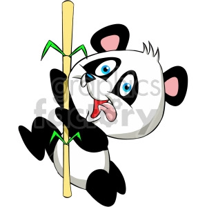 The image depicts a cartoon panda climbing or hugging a bamboo stalk. The panda has a playful expression, with its tongue sticking out and bright blue eyes, while its black and white fur contrasts with the green leaves of the bamboo.