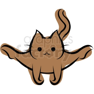 This clipart image showcases a cartoon cat performing a yoga pose with its legs and arms stretched wide apart and a tail playfully curved upward. The cat appears happy and content, with a simple and cheerful facial expression.