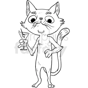 The image is a black and white clipart depicting an anthropomorphic cat character standing upright and holding a cocktail glass, presumably containing a martini with an olive. The cat has a somewhat surprised or inebriated expression, with large eyes and a slight frown. There is no visible tattoo, nor any clear indication that the cat is at a party or drunk; these interpretations would be based on the viewer's imagination.