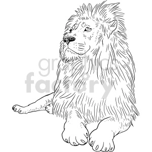 The image is a black and white line art illustration of a lion. The lion appears to be resting its body on the ground with its head turned towards the viewers, displaying a calm and majestic demeanor. It has a full mane, which is a distinctive characteristic of male lions.