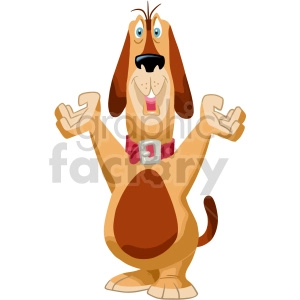 The clipart image depicts a cartoon dog standing upright with its arms raised in a welcoming or happy gesture. The dog appears to be smiling and has a collar with a buckle around its neck.