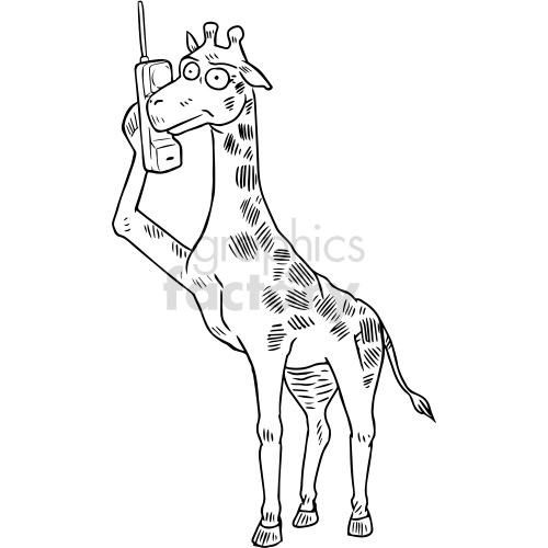 The clipart image depicts a giraffe standing upright and holding a walkie-talkie to its ear with its right foreleg. The giraffe appears to be listening or communicating through the device. The illustration is in black and white, with lines indicating the giraffe's spots and features.