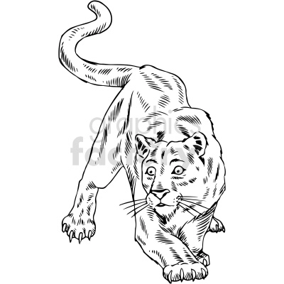 The image shows a black and white clipart of a lion. The lion is depicted in a walking pose with its tail curled up, and it's looking towards the viewer.