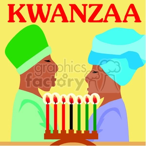 This clipart image depicts a celebration of Kwanzaa. It features two stylized figures facing each other, both wearing traditional head coverings—one in green and the other in blue. Between them is a kinara (candle holder) with seven candles, known as the Mishumaa Saba, three red, one black, and three green, which represent the seven principles of Kwanzaa. The background is yellow, and the word KWANZAA is displayed at the top in red letters.