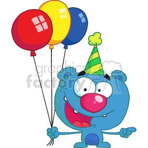 Happy Blue Bear in party hat with balloons