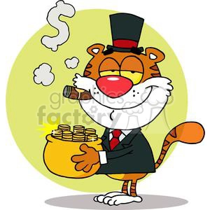 The image depicts a cartoon character that resembles a wealthy, anthropomorphic tiger. The character is dressed in a formal outfit with a top hat, a black suit, a white shirt, and a red necktie. The tiger is holding a cigar in its mouth, with smoke clouds rising above, and clutching a big bag of gold coins in its left arm, which is giving off a bright sparkle, signifying its value or perhaps that it is new. The background is a plain, light yellow circle, providing a contrast that highlights the character.