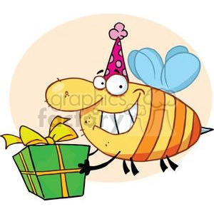 A gift giving bee wearing a party hat