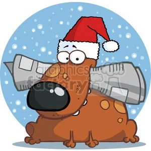 The clipart image depicts a brown cartoon dog wearing a Santa hat. It has large, exaggerated eyes and a big, black nose. The dog's mouth is open, showing its tongue, and it appears to be smiling. The dog is also wearing what looks like a piece of duct tape over its nose, adding a humorous touch to the character. The background features a light blue color with white snowflakes, suggesting a wintery or Christmas theme.