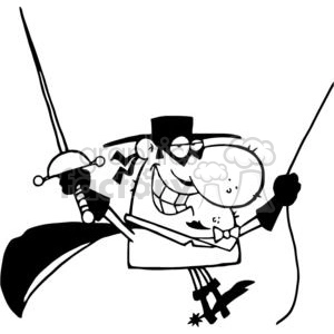 The clipart image displays a humorous caricature of a swordsman or a sword fighter who appears to be inspired by the character Zorro. This character is characterized by a wide grin, a prominent nose, a mask covering the upper half of the face, and a hat resembling Zorro's traditional hat. The figure is wearing a cape and holding a sword in each hand, suggesting a fencing or duel stance. The character is poised in a lighthearted, exaggerated pose that is common in comedic representations.