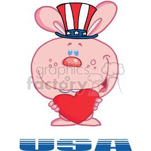 The image depicts a cartoon illustration of a bunny rabbit wearing an Uncle Sam-style top hat, which is red with white stripes and a blue band with white stars. The bunny looks comical with its exaggerated facial features, including large blue eyes and a round pink nose. The rabbit is holding a big red heart lovingly in its arms, which could signify affection or love. Overall, the image combines elements of patriotism and love in a lighthearted, funny way.