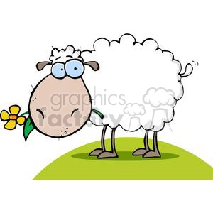 The image is a clipart illustration of a cartoon sheep. The sheep is standing on a green hillock, has a fluffy white body, a brown face with a neutral expression, blue glasses, and is holding a yellow flower in its mouth. The sheep's fur appears to be fluffy and woolly, with a few strands sticking out for a playful effect.