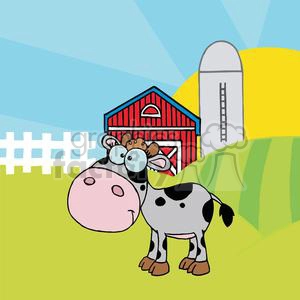 Cartoon Character Calf Different Color Gray In Front Of Country Farm