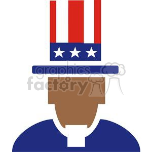 This clipart image features a simplified representation of Uncle Sam, a common national personification of the United States government. It showcases a figure wearing a top hat adorned with elements of the American flag—stripes and stars. The figure has a blue jacket, suggesting a formal or political attire, often associated with American politicians or the president in a symbolic or comical context.