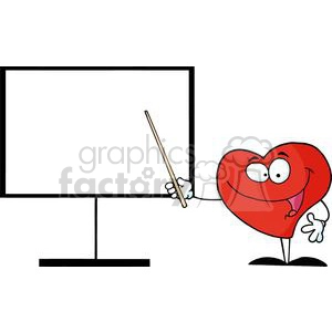 The clipart image features a cartoon-style anthropomorphic heart character with a pair of eyes and a mouth, containing one visible tooth which adds to its expressive funny appearance. The heart character is standing on two legs and using one hand to hold a pointer stick, which is being used to indicate or gesture towards a large blank presentation board. It looks like the heart is giving a presentation or lecture.
