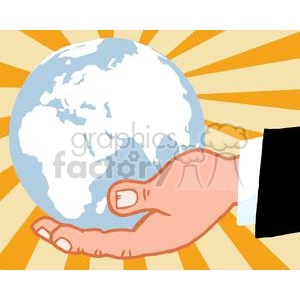 The clipart image features a stylized illustration of the Earth being held in the palm of a hand. The Earth is drawn with simplified continents over a blue ocean backdrop. The hand is depicted with a hint of a shirt sleeve and a suit, suggesting a formal or business context. The background consists of a sunburst pattern with alternating shades of orange and yellow, giving the image an upbeat and dynamic feel.