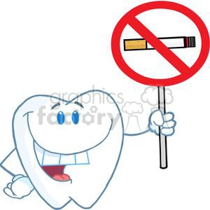 The clipart image features an anthropomorphic tooth with a happy expression, holding a sign with a no-smoking symbol. The tooth is smiling and seems to be promoting dental health by advocating against smoking.