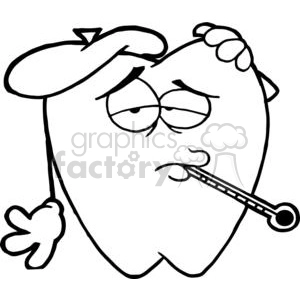 The clipart image shows a cartoonish depiction of a sick tooth. The tooth has a pained expression, complete with squinty eyes and a downturned mouth suggestive of discomfort or illness. It has a thermometer in its mouth, which traditionally indicates a fever or illness, and an ice pack on its head, which is often used to alleviate pain or swelling. The tooth also has a hand (or what could be imagined as a hand for a tooth) held to its forehead, emphasizing its sickly state.