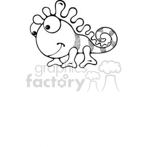 The image is a black and white line drawing of a cute and whimsical cartoon chameleon. The chameleon has a rounded body, large eyes, an expressive face with a slightly confused or pensive look, and a curled tail. Its limbs are splayed out in a comical manner and it has an exaggerated, wavy spine or crest on its back that adds to its cartoonish charm.