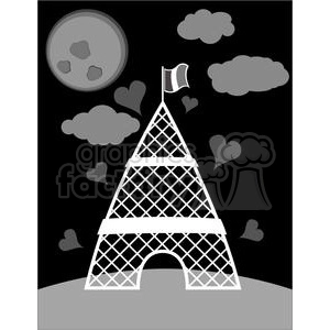 The image is a black and white clipart representation of the Eiffel Tower at night. It features the iconic structure with a pattern of crosses and beams, which characterizes its iron lattice design, against a backdrop of a dark sky with clouds and a stylized full moon. There are heart shapes interspersed within the clouds, suggesting a romantic theme. A small flag is positioned at the tower's pinnacle.