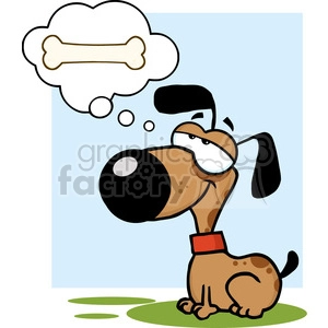 This clipart image features a brown and black cartoon dog sitting on a green surface with a thought bubble above its head, imagining a white bone. The dog appears to be daydreaming with a slight smile on its face, suggesting it is happily thinking about the bone. The background is a plain light blue.