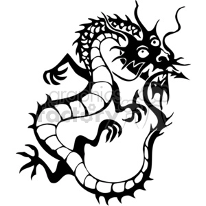 The image features a black and white illustration of a stylized Chinese dragon. The dragon is depicted in a dynamic pose with its body curving, its fierce head with horns and expressive eyes, and flames appear to be emanating from its mouth. It has scale details along its body and its limbs end in sharp claws.