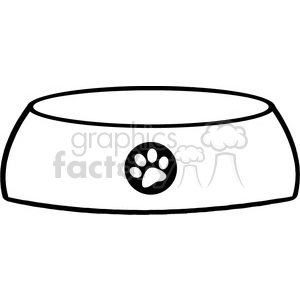 This clipart image features a simple line drawing of an empty dog bowl. The bowl is depicted from a side perspective, and it has a thick outline. It's adorned with a paw print symbol in the center, indicating that it is meant for a pet, likely a dog.