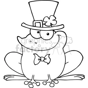 This clipart image depicts a comically drawn frog with human-like features. The frog is wearing a tall top hat adorned with a shamrock, commonly associated with Irish culture and St. Patrick's Day, and a bow tie. It is a line art illustration, which means that it's designed for coloring and possibly educational or decorative purposes related to St. Patrick's Day celebrations.