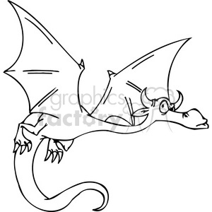 The image shows a black-and-white clipart of a cartoonish dragon. The dragon has large wings, a long snaking tail, and is depicted in a playful, non-threatening manner with its tongue sticking out. It appears to be in mid-flight and has exaggerated features like big eyes and horns that add to the humorous and light-hearted character of the drawing.