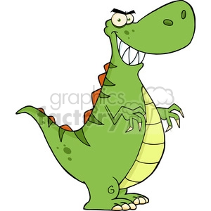The image depicts a comical, cartoon-style dinosaur. The dinosaur is green with a lighter green underbelly and a row of orange mohawk-like spikes along its back. It has large white teeth, two short arms with three claws each, and a pair of legs with three toes each. The dinosaur's expression is playful and mischievous, with one eyebrow arched higher than the other and large eyes.