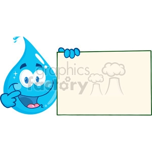 12872 RF Clipart Illustration Happy Water Drop Cartoon Character Holding A Blank Sign