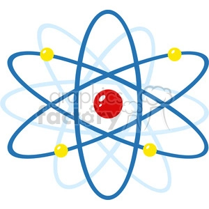 The image is a stylized representation of a simplified atomic structure, often used to symbolize an atom or science. It features a central red nucleus surrounded by blue orbit paths with small yellow circles, suggesting electrons orbiting the nucleus, which is an outdated but still widely recognized model of atomic structure. The depiction does not accurately reflect modern quantum mechanics understanding of electron behavior, as electrons are now understood to exist in probability clouds rather than fixed orbits, but the iconography remains popular for its simplicity and recognizability.