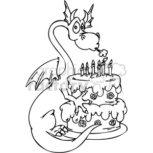 The image is a line art illustration of a funny, whimsical dragon attempting to blow out candles on a birthday cake. The dragon has a playful expression, large eyes, and a small flame coming out of its mouth as it blows on the candles. The cake is large, multi-tiered, and adorned with icing and rose decorations. There are several candles on the top of the cake, indicating a birthday celebration.