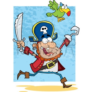 Illustration-Running-Pirate-Holding-Up-A-Sword-And-Hook-With-Parrot