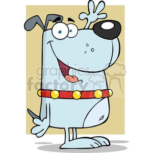 This clipart image features a comical cartoon dog. The dog has exaggerated features including large, bulging eyes, a big black spot around one of the eyes, and an oversized, floppy tongue. It is wearing a red collar with yellow spots, which could represent lights or just decorative elements. The dog's posture suggests happiness or excitement, indicated by its raised paw and tail, as well as its open mouth, as if it's playfully panting or laughing.