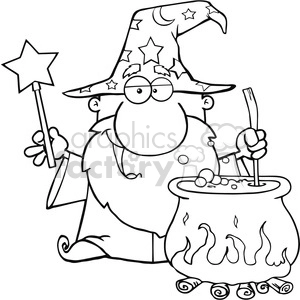 Clipart of Funny Wizard Waving With Magic Wand And Preparing A Potion