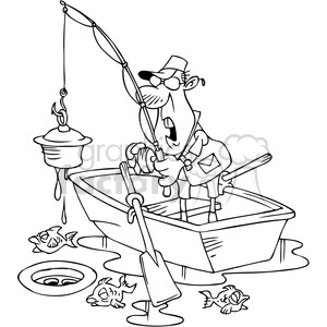 black and white cartoon fishing character finding junk