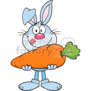 This image depicts a cartoon Bunny character holding a large carrot. The rabbit has a comical expression on its face, with bright, wide eyes and pink inner ears. The carrot is oversized compared to the bunny, which contributes to the humorous aspect of the clipart.