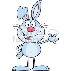 This is a clipart image of a cartoon bunny. It features a blue rabbit character with one ear perked up and the other flopped down, big wide eyes, a cheerful expression with a visible tooth, and outstretched arms as if greeting or presenting.