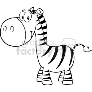 The image is a black and white clipart drawing of a comical zebra with a large, exaggerated snout, wide eyes, and visible stripes running along its body and legs. The zebra's mane is short and stands up in a ruffled fashion, while its tail ends in a tuft of hair that matches the mane. The zebra's posture is neutral and it is facing towards the viewer.