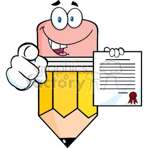 5934 Royalty Free Clip Art Smiling Pencil Cartoon Character Pointing With Finger And Holding A Contract