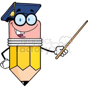 5898 Royalty Free Clip Art Smiling Pencil Teacher With Graduate Hat Holding A Pointer