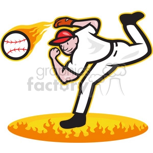 The image is a stylized clipart depiction of a baseball pitcher mid-action. The pitcher is shown in a dramatic pitching pose, with one leg lifted high and the throwing arm extended back, ready to release the baseball. The ball itself is animated with a fiery tail to represent speed or a powerful throw. The pitcher is in a traditional baseball uniform, with a cap, glove, and cleats, and stands on a mound that is illustrated with flames, possibly indicating a powerful pitch or 'throwing heat'.