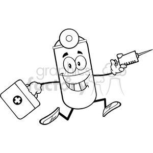6297 Royalty Free Clip Art Black and White Pill Capsule Cartoon Mascot Character Running With A Syringe And Medicine Bag