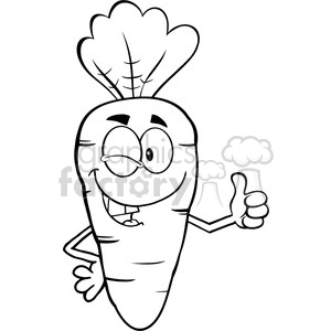 Royalty Free RF Clipart Illustration Black And White Winking Carrot Cartoon Character Holding A Thumb Up