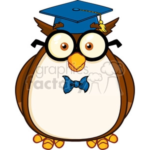 The image is a clipart of a cartoon owl that appears to be a student. The owl has big, round, expressive eyes and is wearing a mortarboard (graduation cap) on its head, complete with a tassel. It also has a blue bow tie around its neck. The owl is brown and white with a yellow beak and feet.